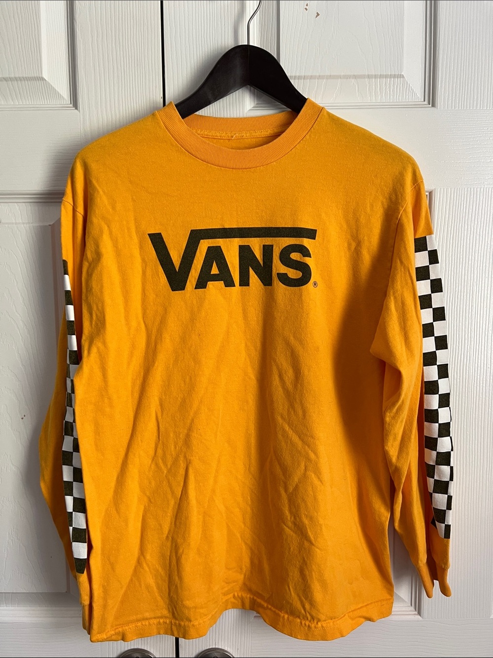 Vans Yellow Long Sleeve Shirt with Checkerboard Sleeve Stripes